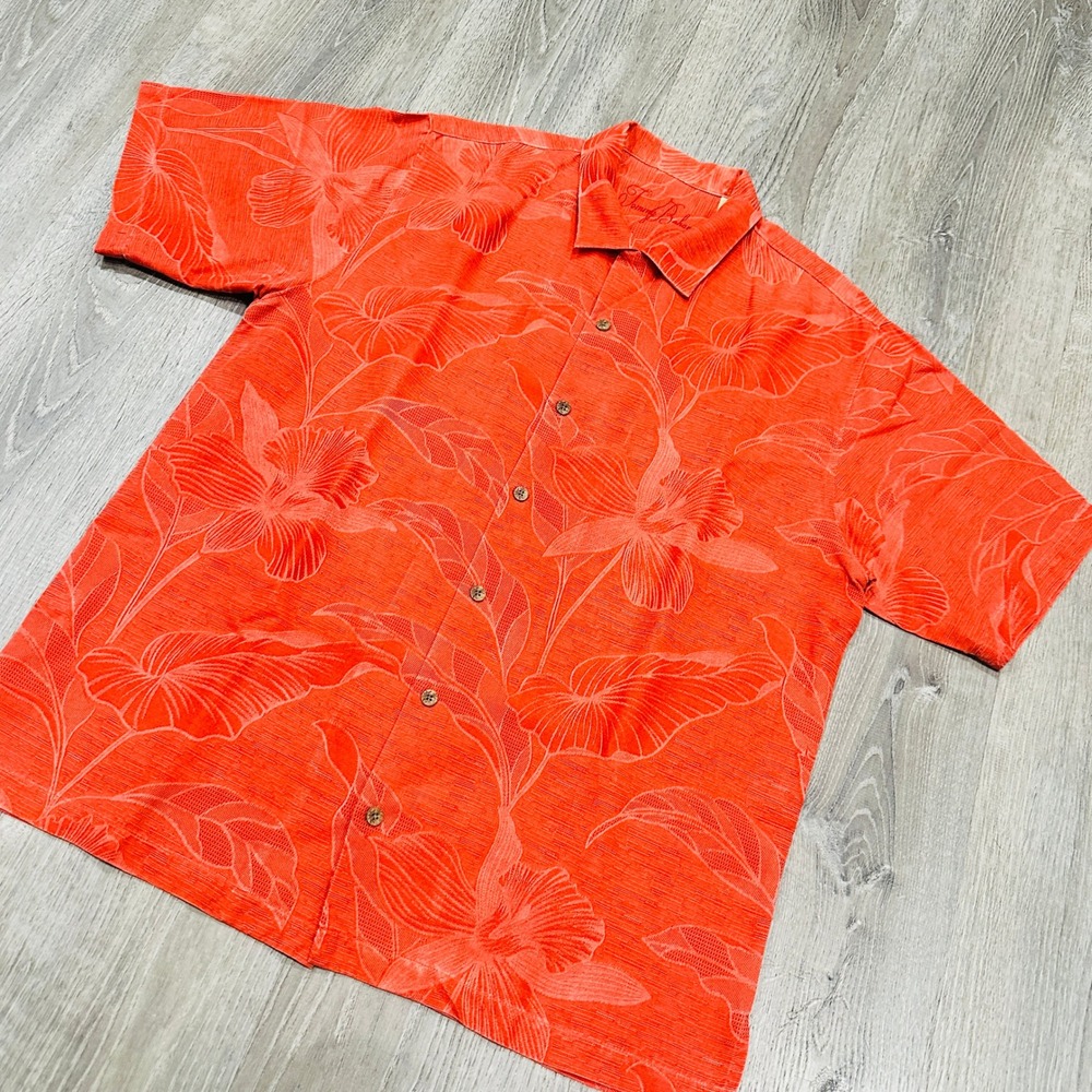 Tommy Bahama Shirt Mens Medium Orange Silk Floral Jacquard Short Sleeve Shirt